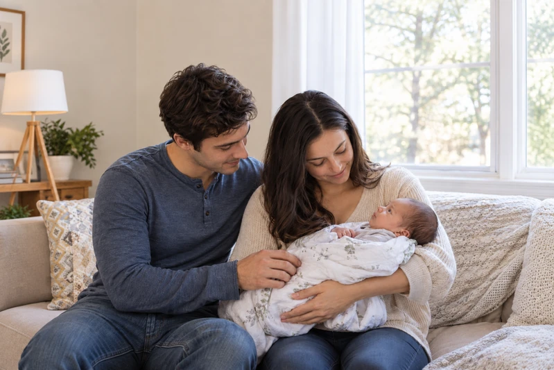 Two parents sit together holding their newborn securely and looking at the baby.