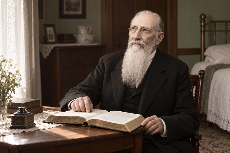 Joseph F. Smith sits with an open Bible.