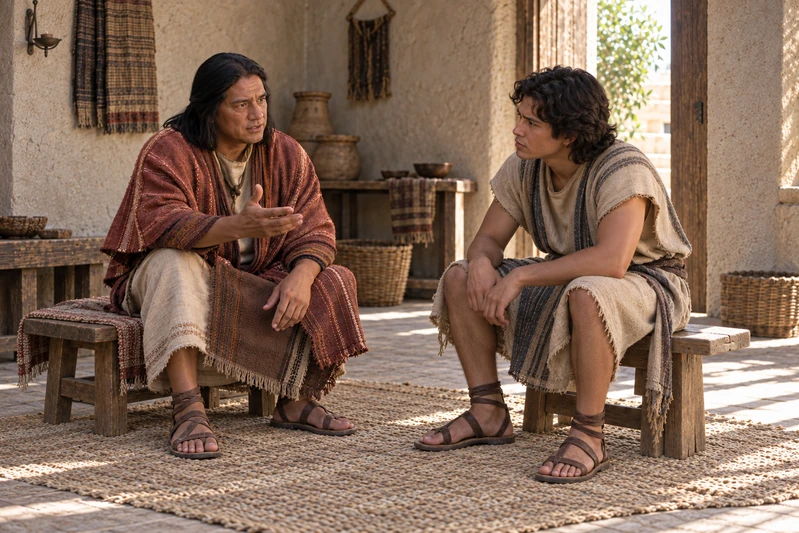Alma gestures with an open hand as he speaks to Corianton, seated opposite him.
