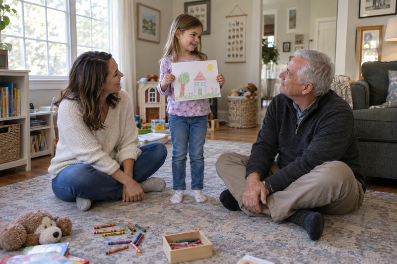 A child shows a drawing to an attentive parent and grandparent.