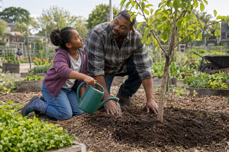 An adult and child tend a young fruit tree together in a garden.