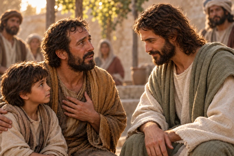 Christ looks directly at a boy with the boy’s father beside them.