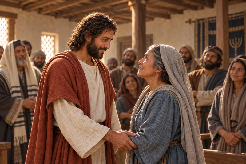 Jesus and an older woman meet each other’s eyes in a synagogue.