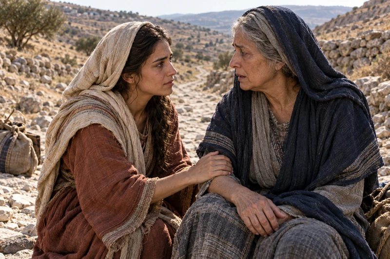 Ruth and Naomi look at one another beside a stony road.