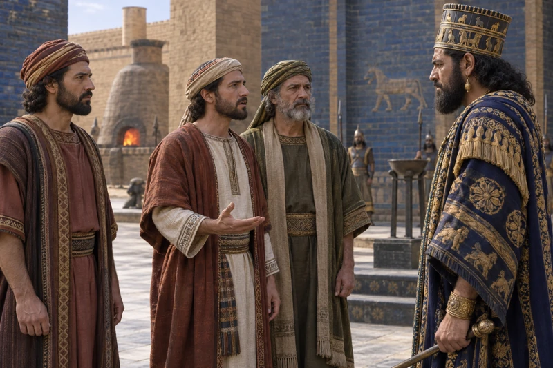 Three resolute men answer a Babylonian king in a courtyard.