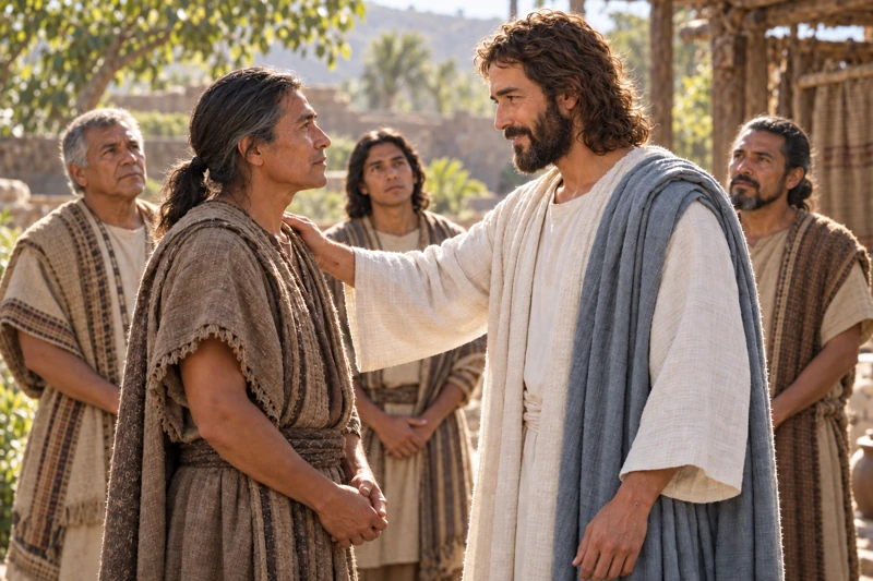 The risen Christ looks into older Nephi’s eyes with a hand on his shoulder.