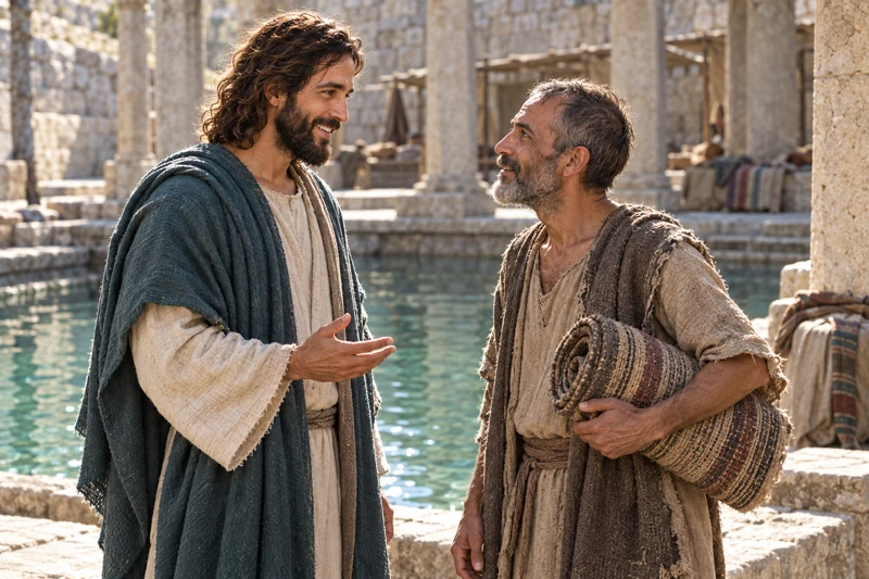 A man holding a rolled bed stands face to face with Jesus near Bethesda.