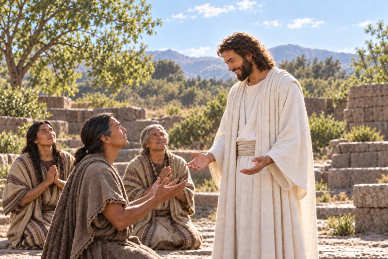 Christ smiles toward Nephi and two other kneeling disciples.