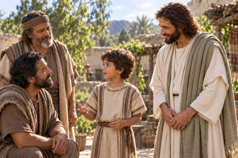 A boy speaks to listening fathers while Christ attends to him.