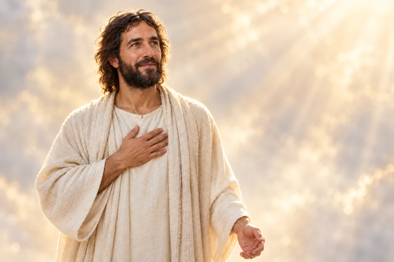 The premortal Christ places a hand over His heart, looking toward His Father outside the picture.