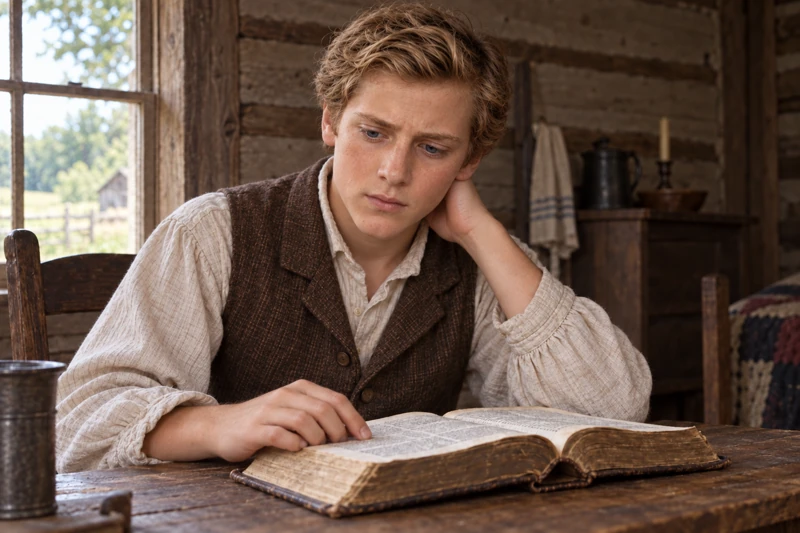 Fourteen-year-old Joseph Smith thoughtfully reads an open Bible.