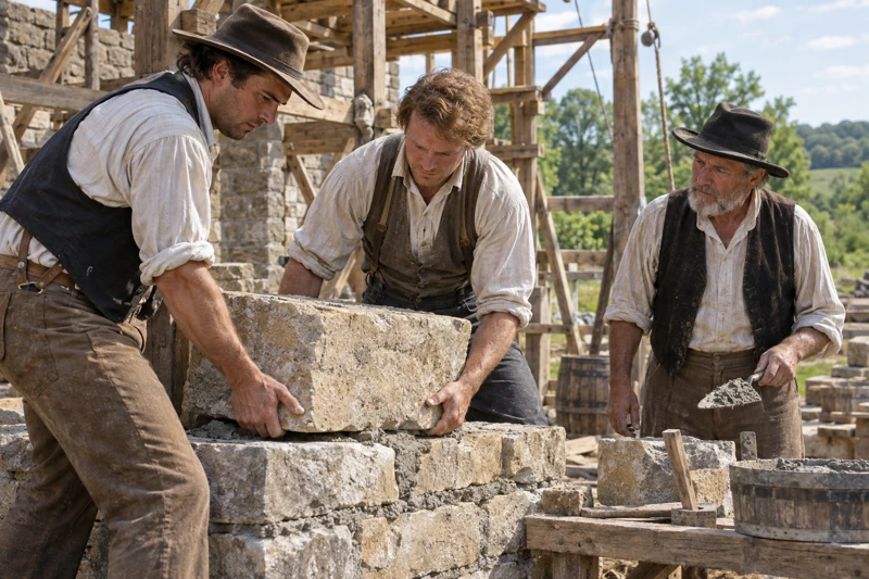 Three early Latter-day Saint laborers work together on stone masonry.