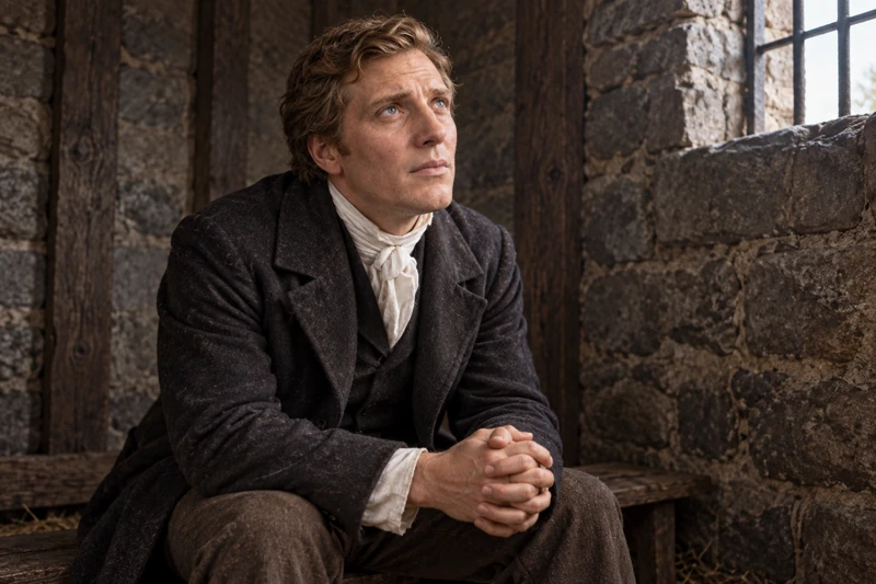 Joseph Smith looks toward a small jail window with clasped hands.