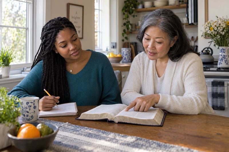 Two women read scriptures and take notes at a kitchen table.