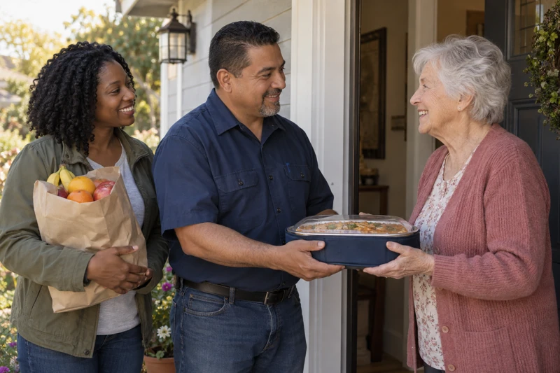 Two neighbors share a meal and fruit with an older woman at her doorway.