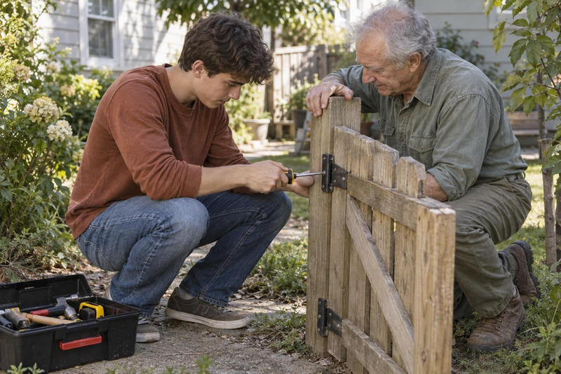 A teenager tightens a gate hinge while an older neighbor steadies the gate and watches the work.