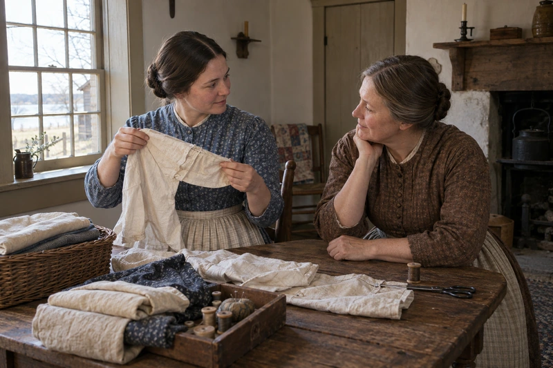 Two women in an 1840s household talk as they prepare simple clothing beside a basket of folded cloth.