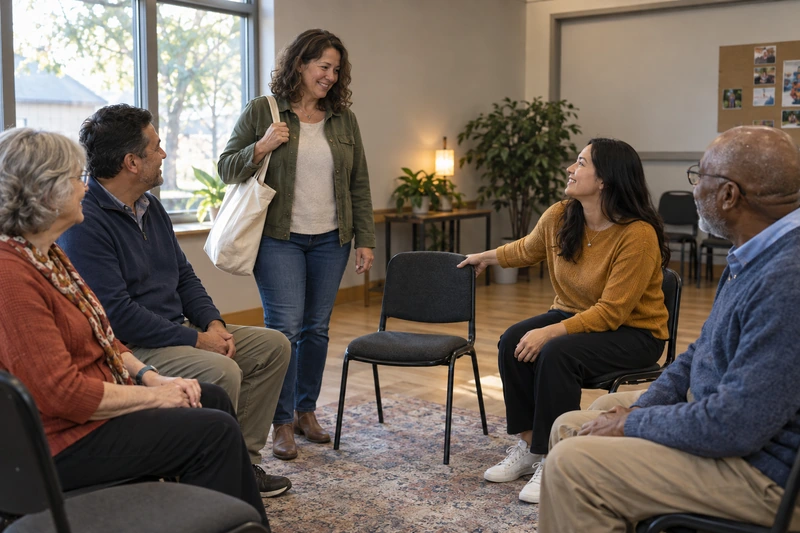 Adults welcome a woman into their conversation, drawing an empty chair into the circle.