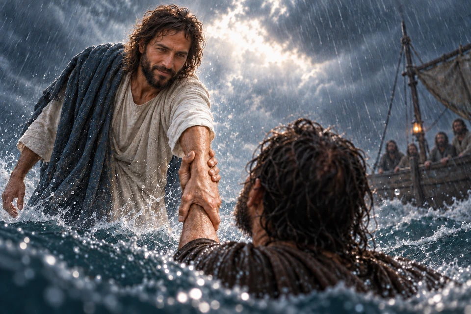 Jesus and Peter grasp each other’s forearms as Christ looks toward Peter with reassuring resolve