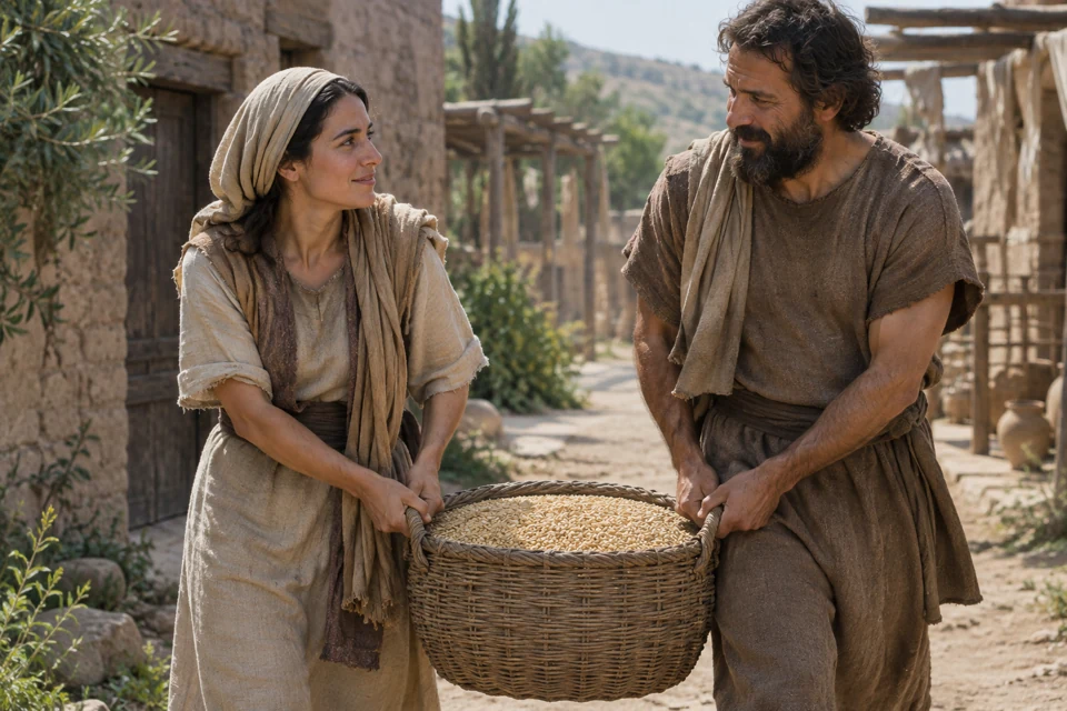 Two adults share the weight of a grain basket and exchange a look of encouragement