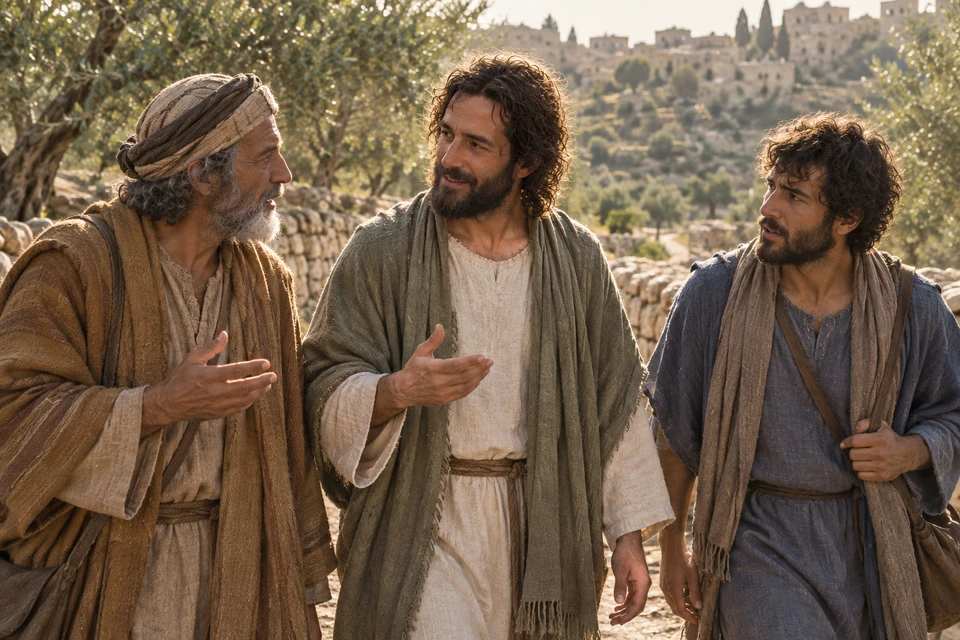 Jesus in a sage-green mantle speaks with two attentive disciples on the road to Emmaus.