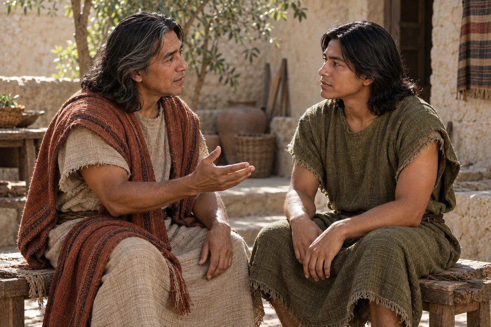 A middle-aged Alma speaks to his youthful adult son Helaman in a quiet courtyard.