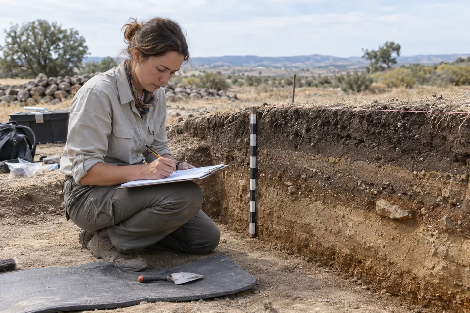 A field archaeologist writes on a clipboard beside a measured soil profile.
