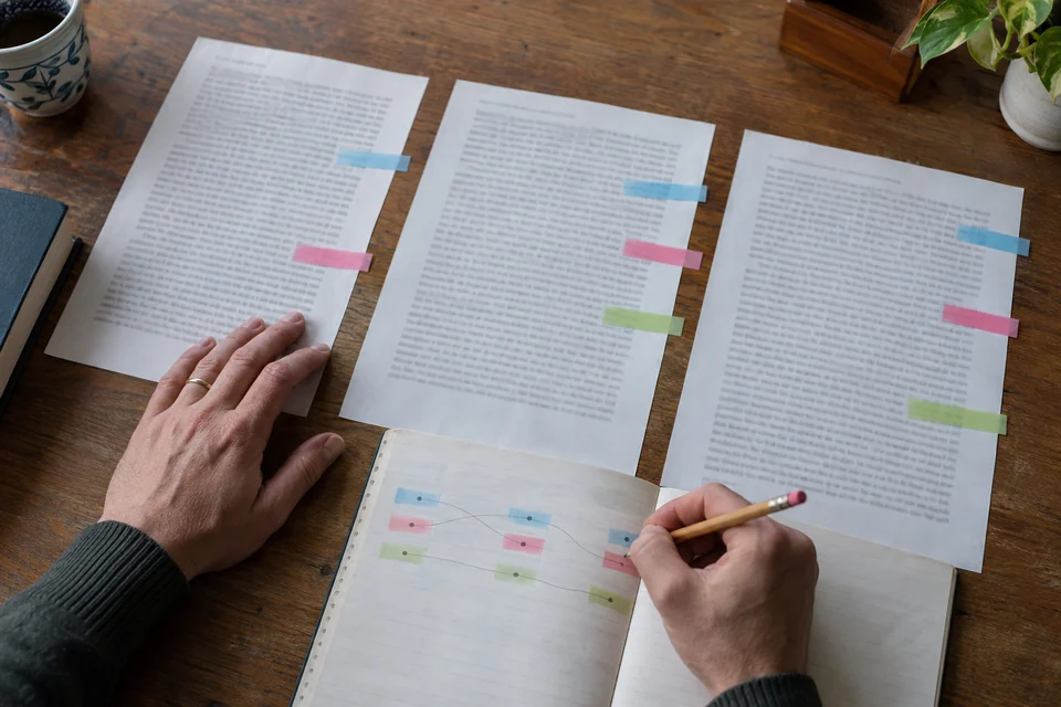 A researcher uses pencil notes and colored tabs to compare passages across three printed working copies.