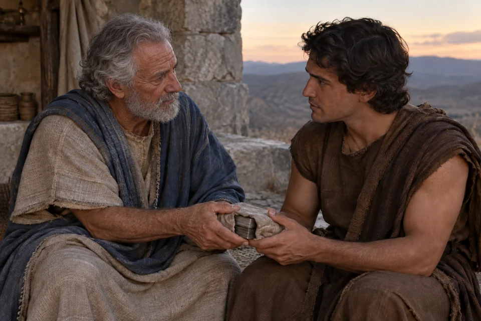 An elderly Mormon passes a small cloth-wrapped record to his adult son Moroni.