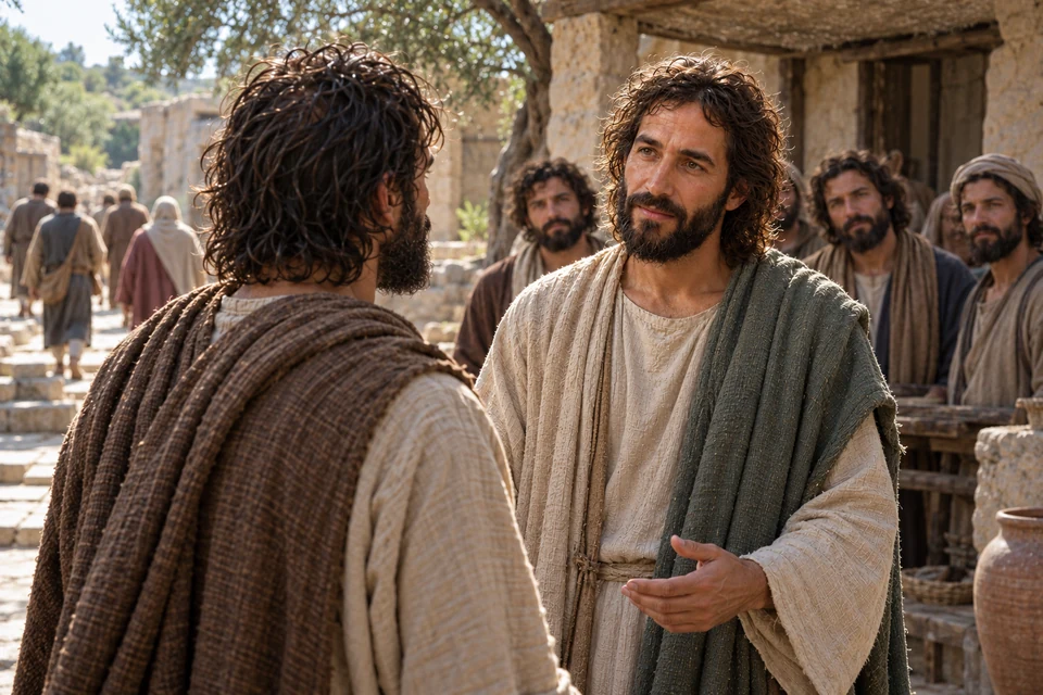 Peter stands facing Jesus in a shaded courtyard as other disciples walk away in the distance.