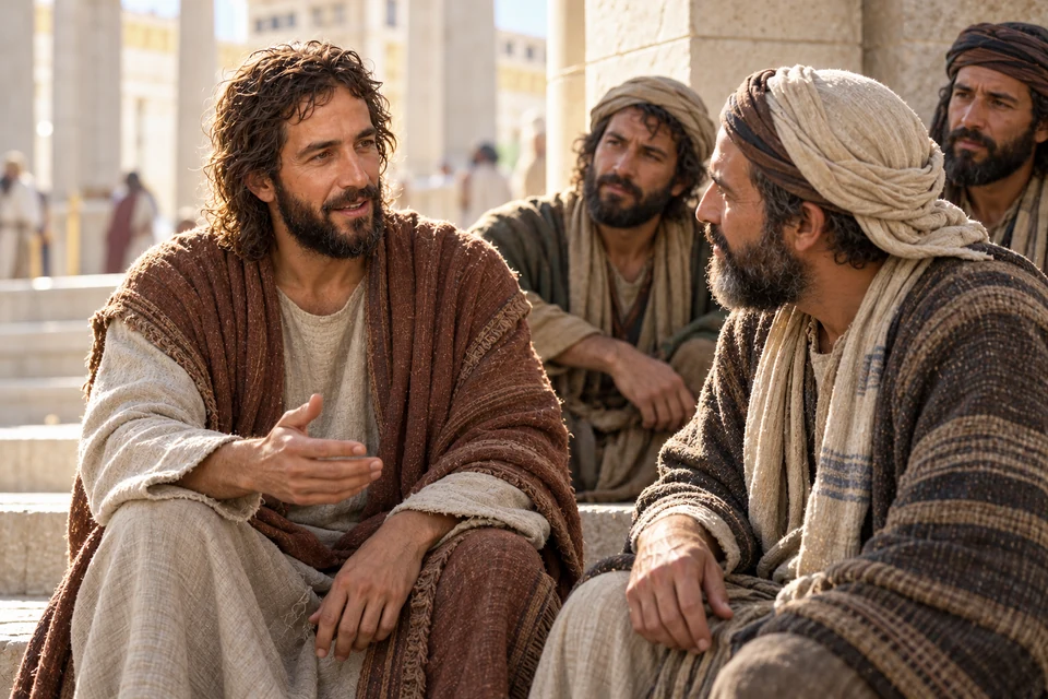 Jesus sits on a shaded temple step, speaking with an attentive man while two listeners look on.