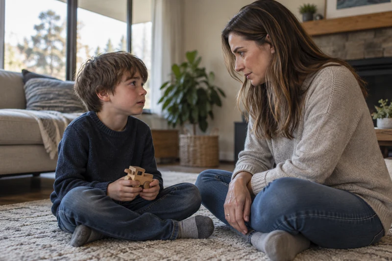 A boy holds a wooden toy truck while a woman sits on the rug and listens at his level.
