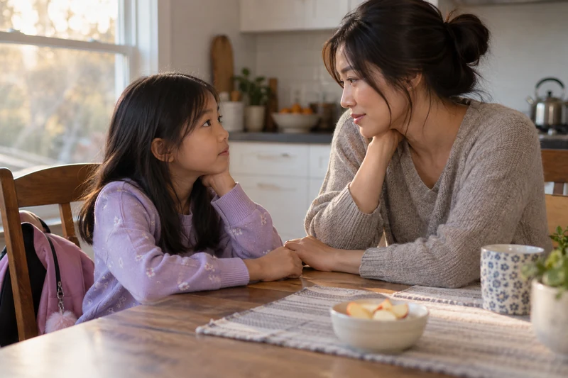 A mother and daughter hold hands across a kitchen table and look at one another.