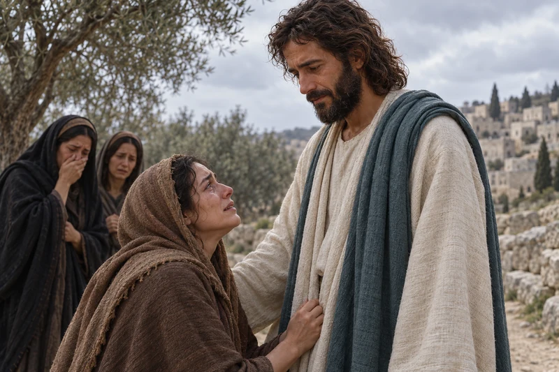 Jesus looks with sorrow toward Mary of Bethany as she kneels before Him, with other mourners nearby.