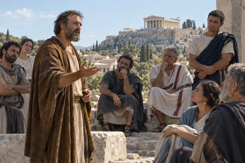 Paul speaks to a group of listeners in Athens, with ancient buildings in the distance.