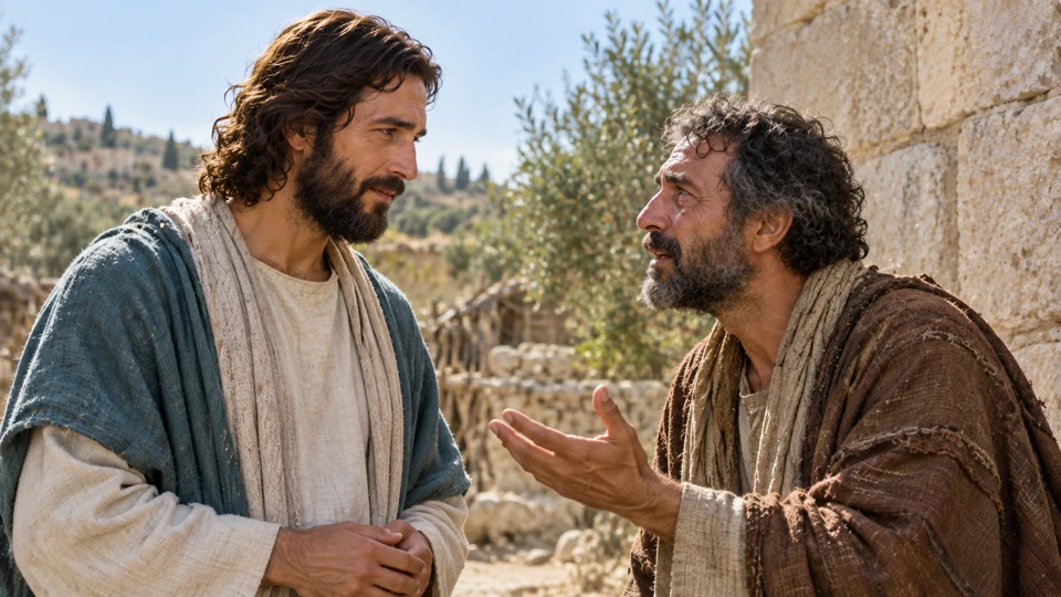 Jesus listening with compassion as a father makes an earnest appeal