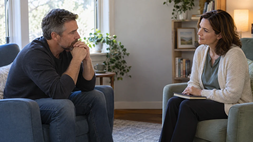 A man receiving compassionate attention from a professional in a quiet counseling room