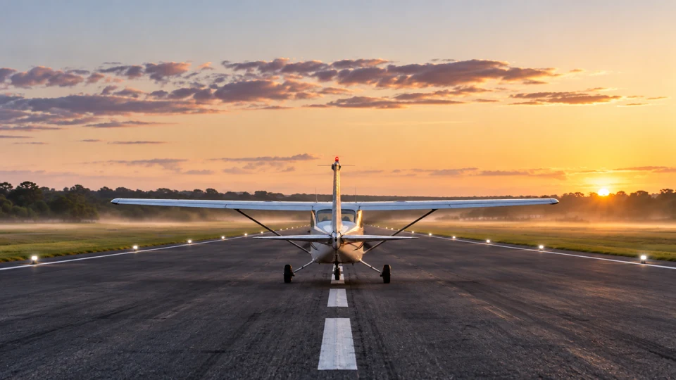 A small aircraft aligned with a marked runway in morning light