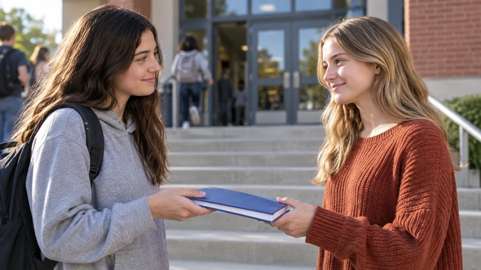 Two young women exchanging a notebook with attentive smiles outside a school