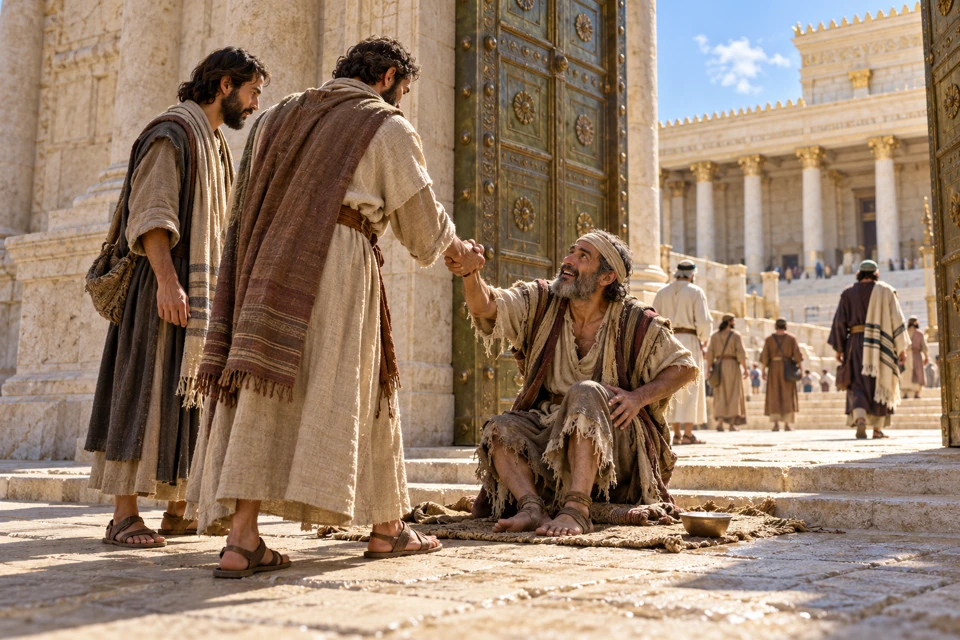 At a temple gateway, Peter helps a man rise while John stands close by.