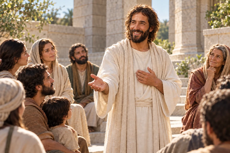 The risen Jesus teaches a gathered community about God's covenant, with a temple court behind them.
