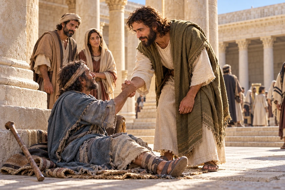 Jesus gives close attention to a man seeking healing in a temple court.