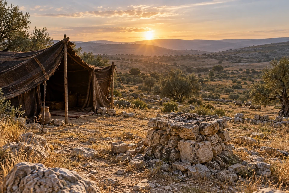 A simple stone altar stands near a traveler's tent in an ancient hill country landscape.