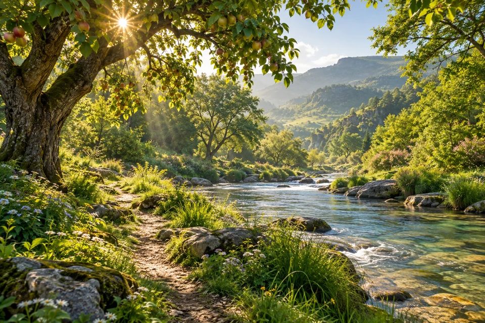 A quiet garden landscape opens toward sunlit ground beyond its trees.