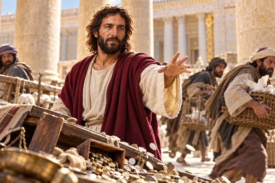 Jesus stands beside an overturned table in the temple court, extending an open hand as merchants move away.