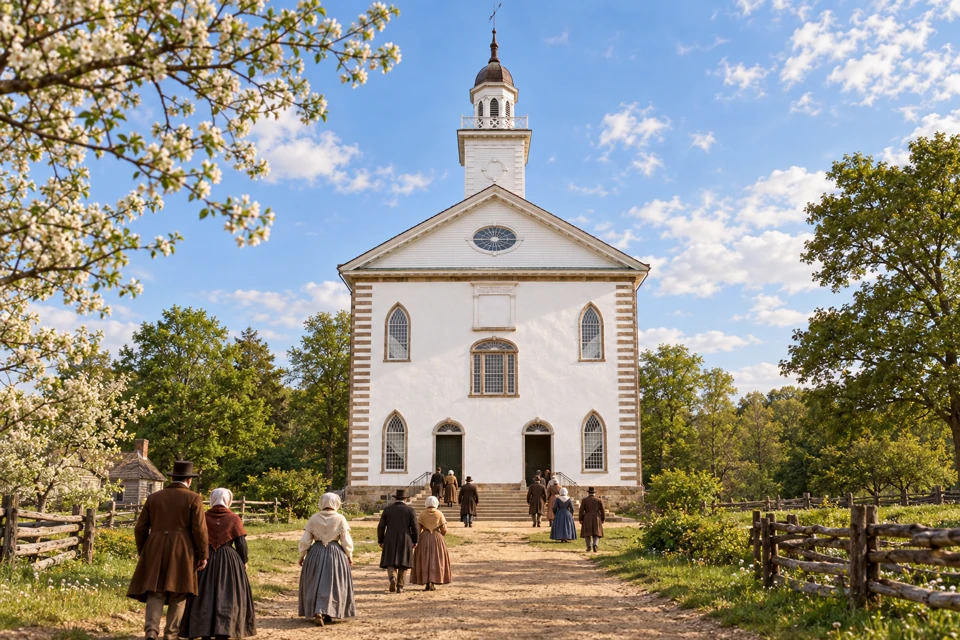 The completed Kirtland Temple stands above a simple nineteenth-century road as worshippers approach.