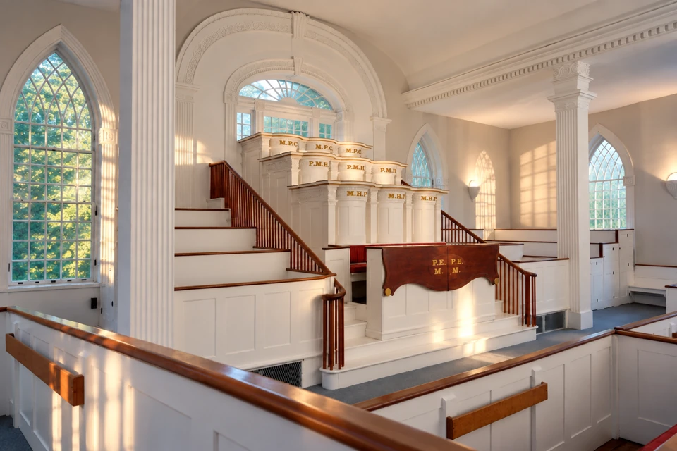 The woodwork of the Kirtland Temple pulpits stands within a quiet assembly hall.