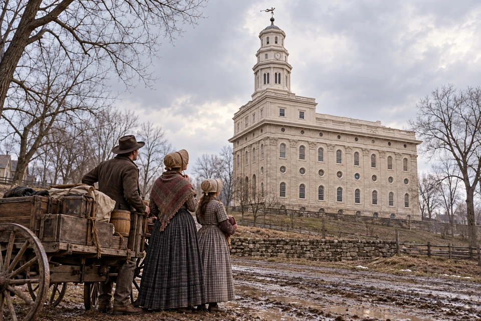 An early Nauvoo family pauses with travel belongings as the temple rises behind them.