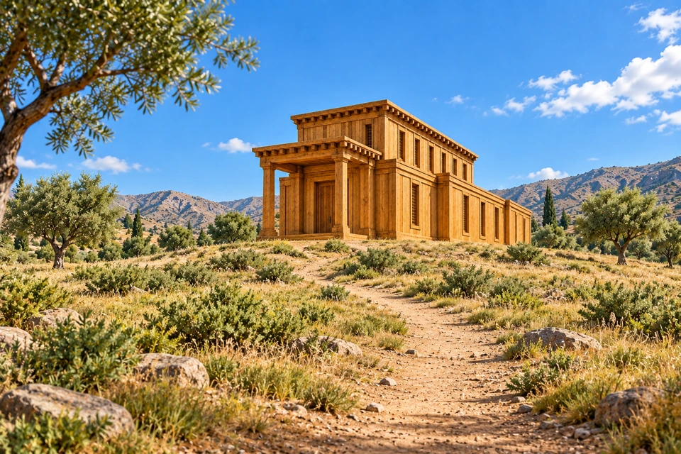 The same timber sanctuary is seen from a path rising gently through an open landscape.