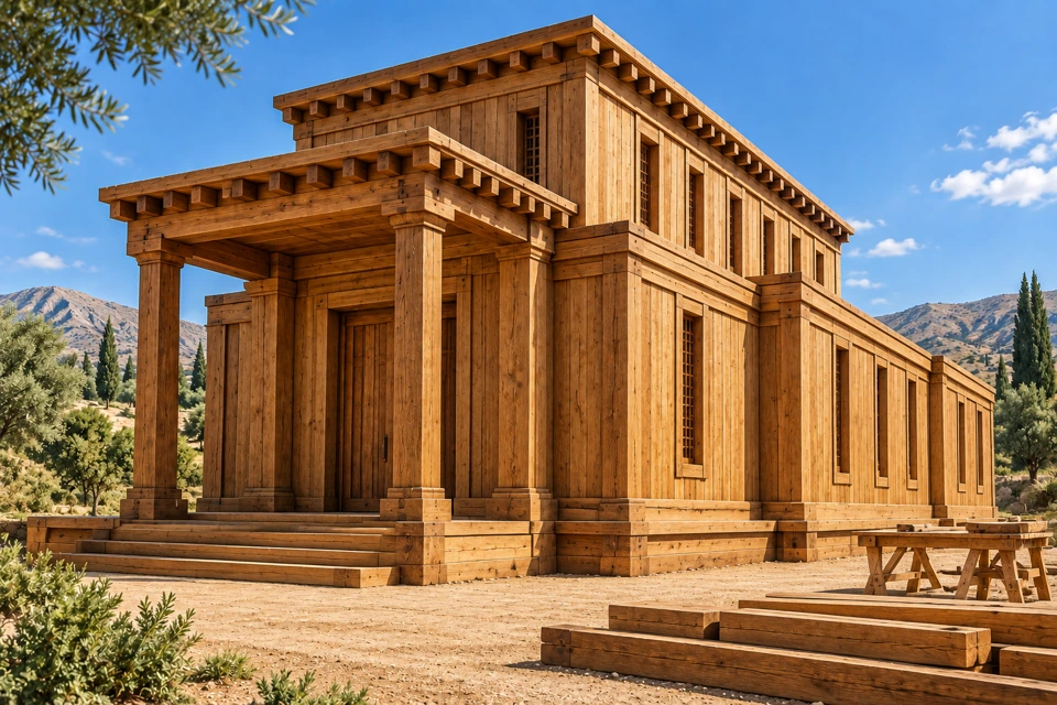 A finely worked timber sanctuary has a long central house, front porch, and lower side chambers.